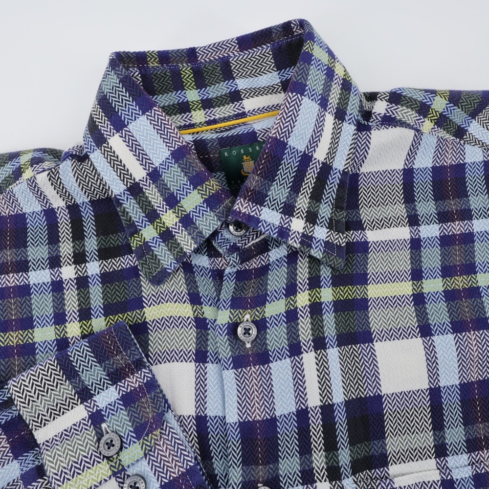 Robert Talbott Herringbone Plaid Button Down Shirt Blue Mens Medium Long Sleeve